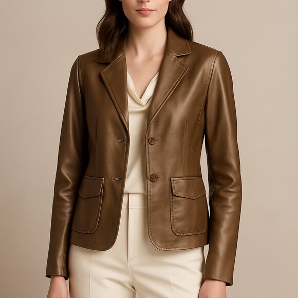 CAbi Women’s Genuine Leather Blazer Jacket Bronze Brown Size 8 - Picture 1 of 10